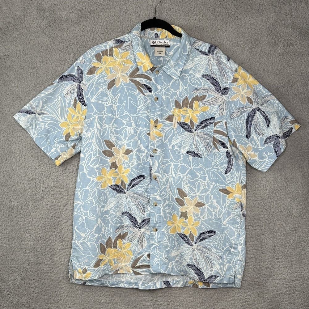 Columbia Men's Linen Blend Blue Floral Hawaiian Print Button Shirt Sz Medium